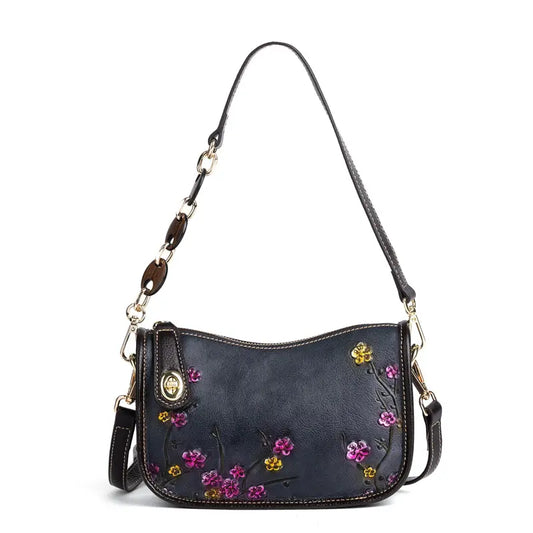 Genuine Leather High Quality Vintage Embossed Flower Woman's Shoulder Bag
