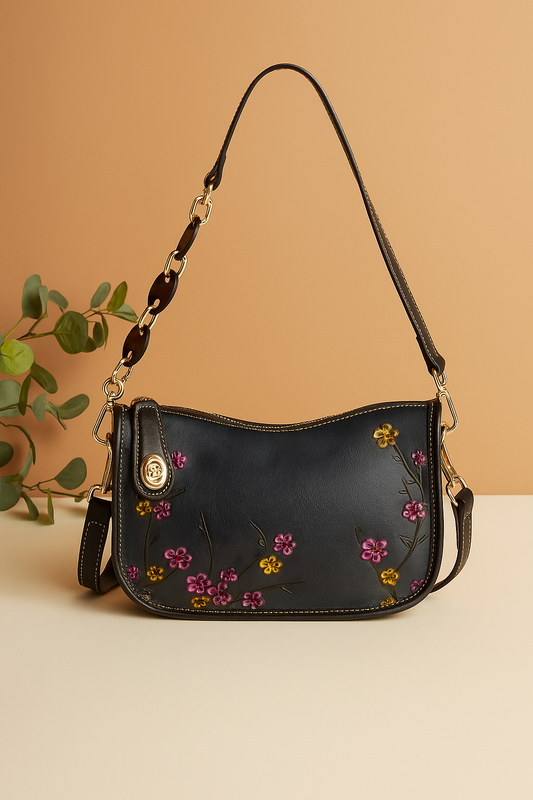 Genuine Leather High Quality Vintage Embossed Flower Woman's Shoulder Bag